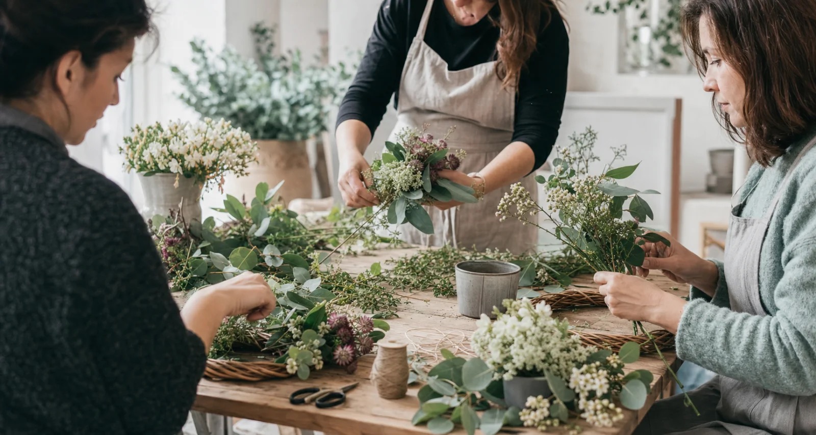 Floristka vede tvořivý workshop v malé skupině